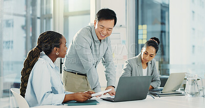 Buy stock photo Meeting, laptop and team with business people in office for research, discussion and account manager. Budget report, collaboration and project evaluation with employees in agency for planning
