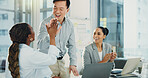 High five, laptop and business people in office with meeting for finance report planning with team. Happy, celebration and financial advisors with investment approval in collaboration in workplace.