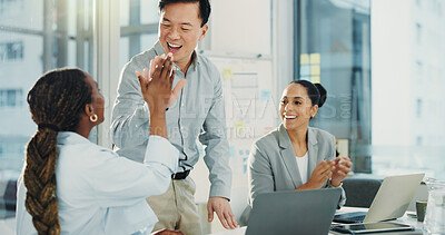 Buy stock photo High five, laptop and business people in office with meeting for finance report planning with team. Happy, celebration and financial advisors with investment approval in collaboration in workplace.