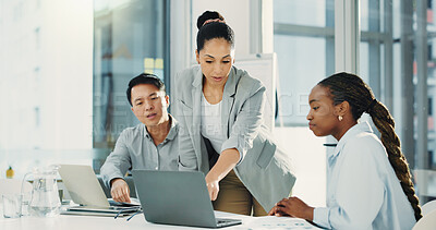 Buy stock photo Business people, laptop and meeting with review for proposal, finance or accounting report at office. Group of employees, technology and discussion for company revenue, profit or financial growth