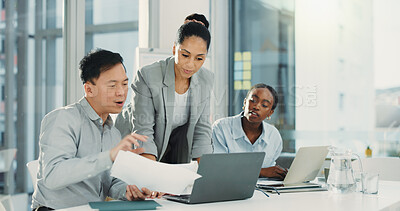 Buy stock photo Business people, laptop and meeting with paperwork for proposal, finance or accounting report at office. Group of employees, documents and discussion for company revenue, profit or financial growth