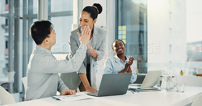 Buy stock photo High five, laptop and business people in office with discussion for finance report planning with team. Happy, celebration and financial advisors with investment approval in collaboration in workplace