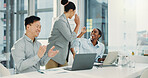 High five, laptop and business people in office with winning for finance report planning with team. Happy, celebration and financial advisors with investment approval in collaboration in workplace.
