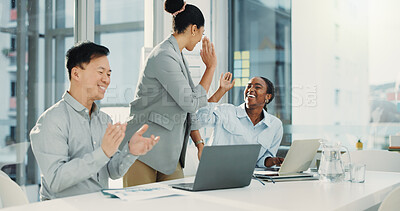 Buy stock photo High five, laptop and business people in office with winning for finance report planning with team. Happy, celebration and financial advisors with investment approval in collaboration in workplace.