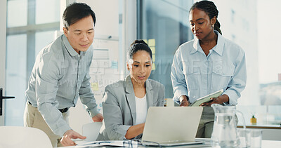 Buy stock photo Meeting, laptop and reading with business people in office for research, discussion and account manager. Budget report, collaboration and project evaluation with employees in agency for planning