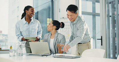 Buy stock photo Meeting, laptop and happy with business people in office for research, discussion and account manager. Budget report, collaboration and project evaluation with employees in agency for planning
