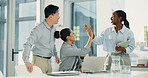 High five, laptop and business people in office with achievement for finance report planning with team. Happy, computer and financial advisors with celebration for investment approval in workplace.