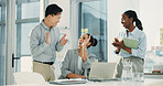 High five, applause and business people in office with meeting for finance report with team. Clapping hands, laptop and financial advisors with celebration for investment approval in workplace.