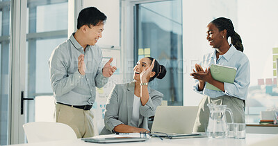 Buy stock photo High five, applause and business people in office with meeting for finance report with team. Clapping hands, laptop and financial advisors with celebration for investment approval in workplace.