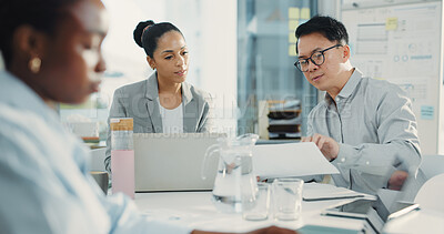 Buy stock photo Business people, laptop and meeting with discussion for document, proposal or accounting report at office. Group of employees, paperwork and feedback for company revenue, profit or financial growth