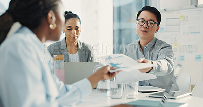 Buy stock photo Meeting, documents and team with business people in office for research, discussion and account manager. Budget graph report, collaboration and project evaluation with employees in agency for review