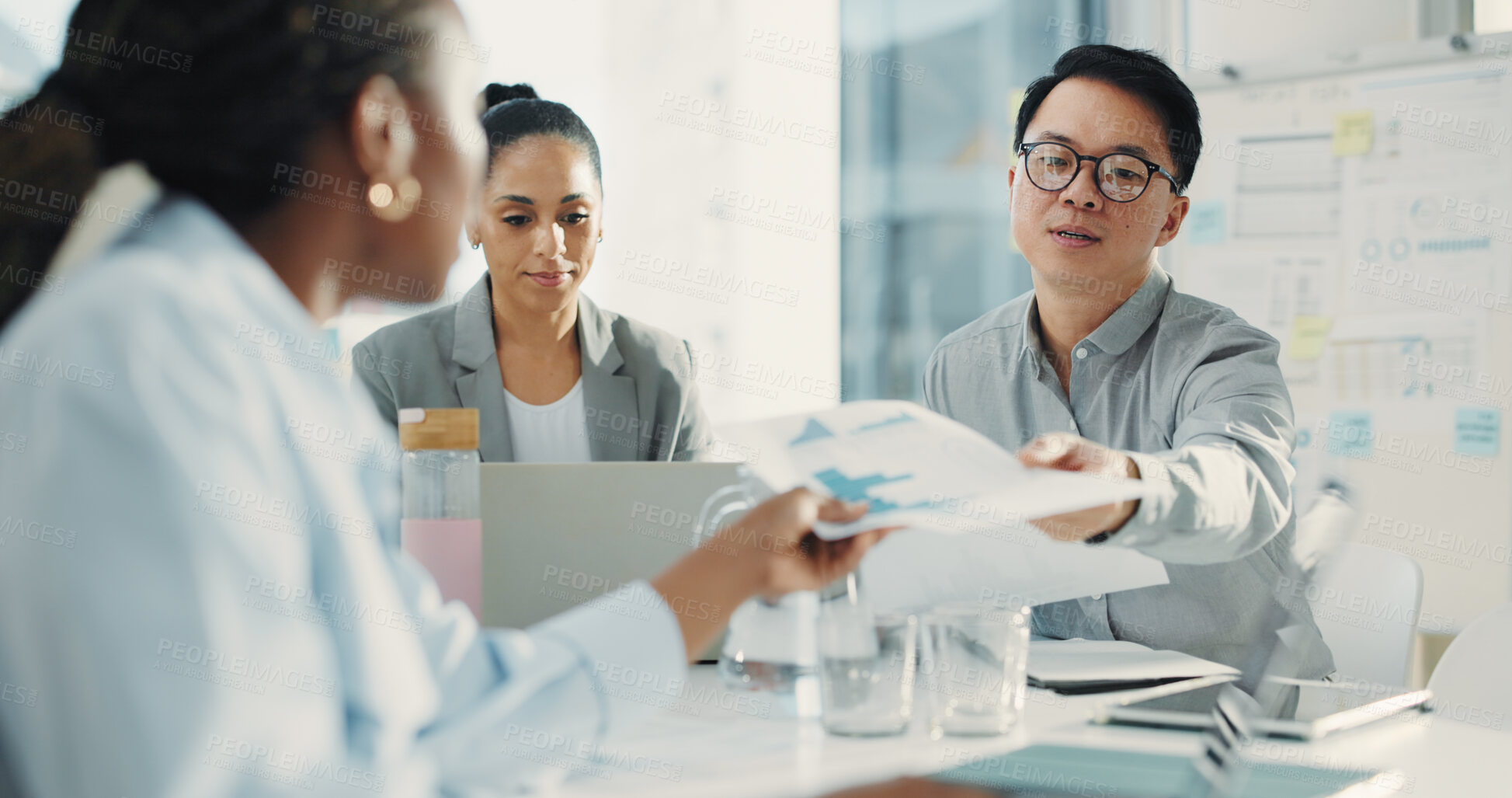 Buy stock photo Meeting, documents and team with business people in office for research, discussion and account manager. Budget graph report, collaboration and project evaluation with employees in agency for review