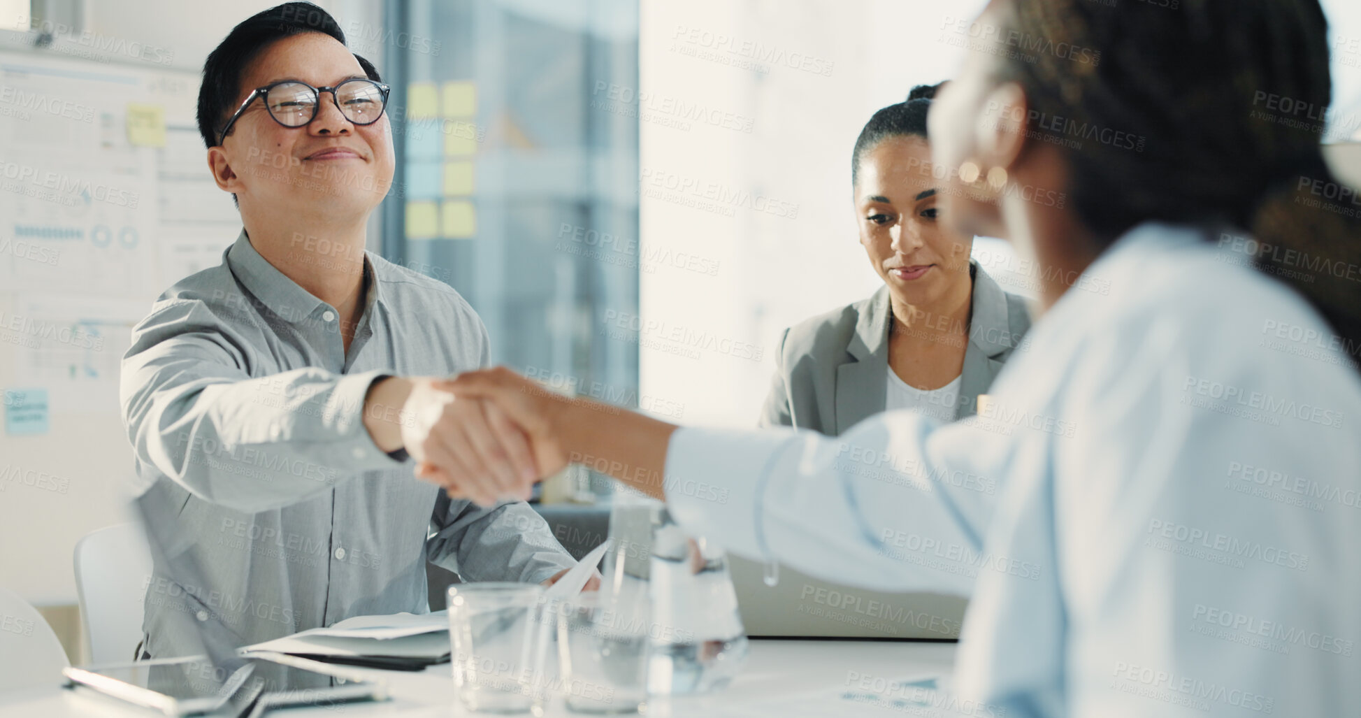 Buy stock photo Business people, meeting or hiring with handshake for onboarding, recruiting or thank you in office. Businessman, woman or colleagues shaking hands with deal for b2b, agreement or recruitment process