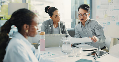 Buy stock photo Meeting, discussion and planning with business people in office for research, team and account manager. Budget graph report, collaboration and project evaluation with employees in agency for review