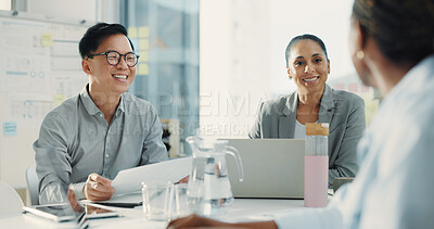 Buy stock photo Business people, laptop and meeting with smile for document, proposal or accounting report at office. Group of employees, paperwork and discussion for company revenue, profit or financial growth