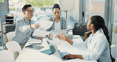 Buy stock photo Business people, meeting and documents with laptop for collaboration, team project or statistics. Group, employees or passing paperwork with computer for corporate performance review in workplace