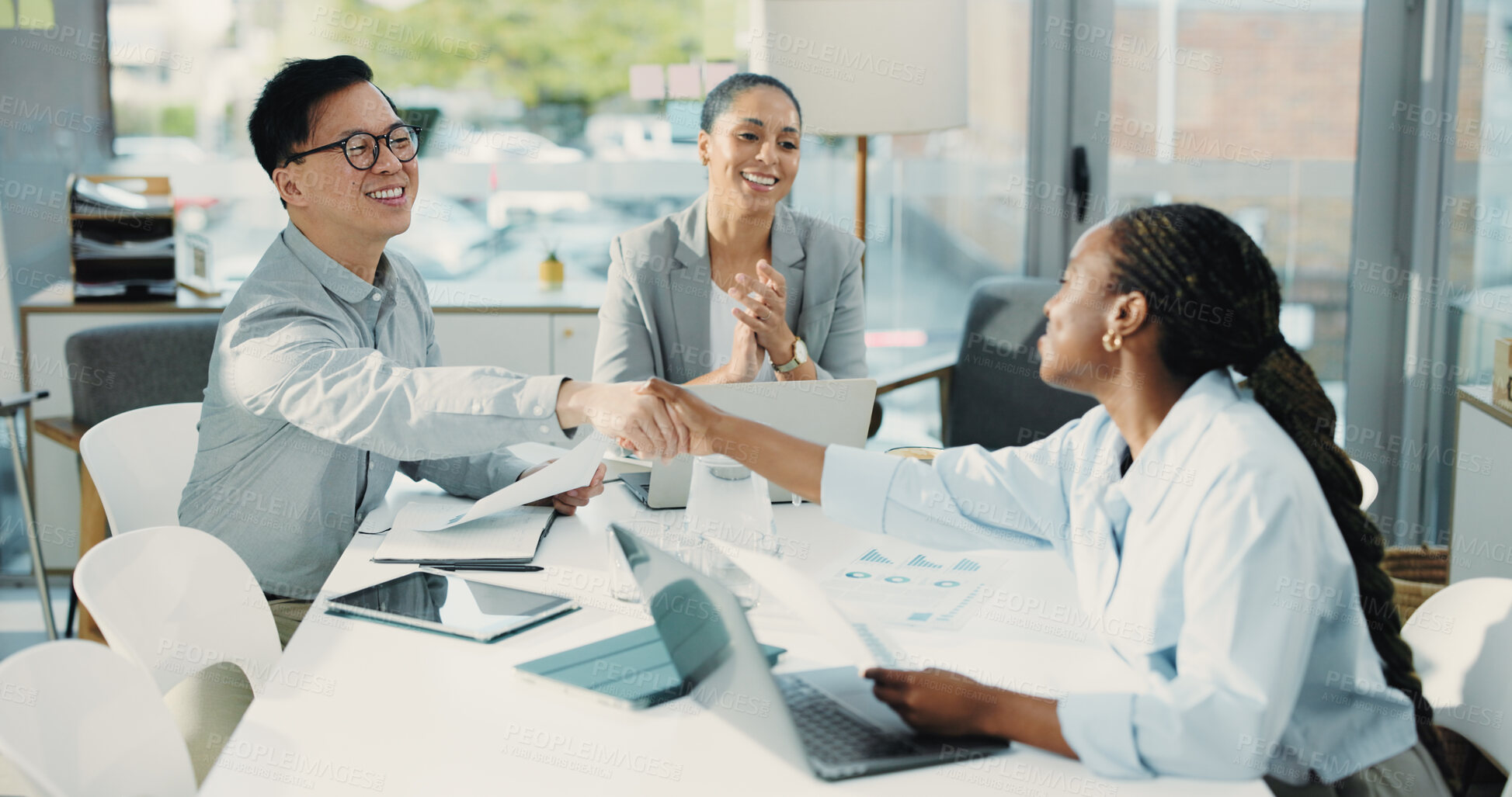 Buy stock photo Business people, meeting or hiring with handshake, applause or thank you for onboarding in office. Businessman, woman or colleagues shaking hands with deal for b2b, agreement or recruitment process