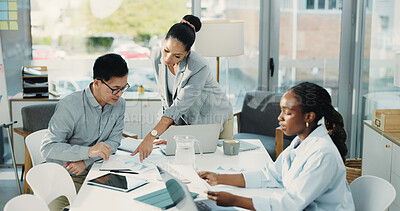Buy stock photo Meeting, documents and planning with business people in office for research, strategy or account manager. Budget graph report, collaboration and project evaluation with employees in agency for review