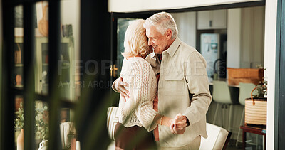 Buy stock photo Senior couple, love and dance in home for commitment, marriage anniversary and bonding. Romantic music, elderly man and woman holding hands in house for retirement, healthy relationship and smile