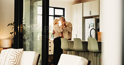 Buy stock photo Dance, love and peace with old couple in kitchen for marriage anniversary, bonding and trust. Retirement, support and romantic music with senior man and woman in home for connection and loyalty 