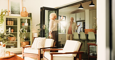 Buy stock photo Fight, frustrated and divorce with old couple in home for toxic relationship, argument and crisis. Marriage conflict, break up and disagreement with senior man and woman in apartment for affair