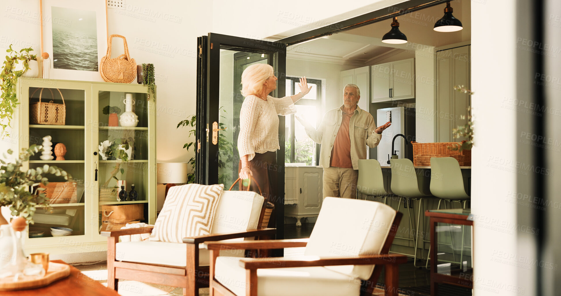 Buy stock photo Fight, frustrated and divorce with old couple in home for toxic relationship, argument and crisis. Marriage conflict, break up and disagreement with senior man and woman in apartment for affair