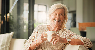 Buy stock photo Happy, coffee and portrait of senior woman on sofa in home with relax in retirement in living room. Smile, tea and elderly female person drinking warm beverage in morning with rest, calm or peace.