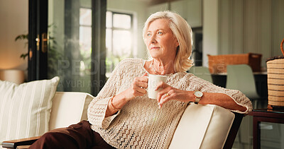 Buy stock photo Memory, coffee and senior woman on sofa in home with nostalgia, thinking or reflection in morning. Relax, ideas and elderly female person drinking tea in living room for retirement in apartment.