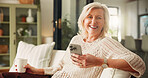 Home, smartphone and old woman with smile, portrait and funny meme with social media. Apartment, laughing and mature person on couch, cellphone and message to contact, comedy and app for online humor