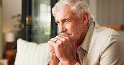 Buy stock photo Thinking, decision and man in home with ring, divorce or issue in marriage affair. Conflict, space and mature male in living room with wedding band, difficult or reflection on legal separation.