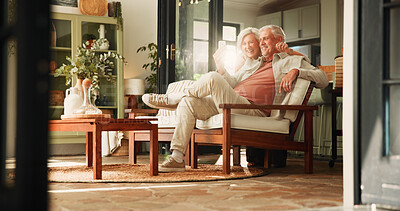 Buy stock photo Relax, selfie and smile with old couple in living room of home together for break or wellness. App, memories and photograph with happy senior people in apartment for bonding, me time or retirement