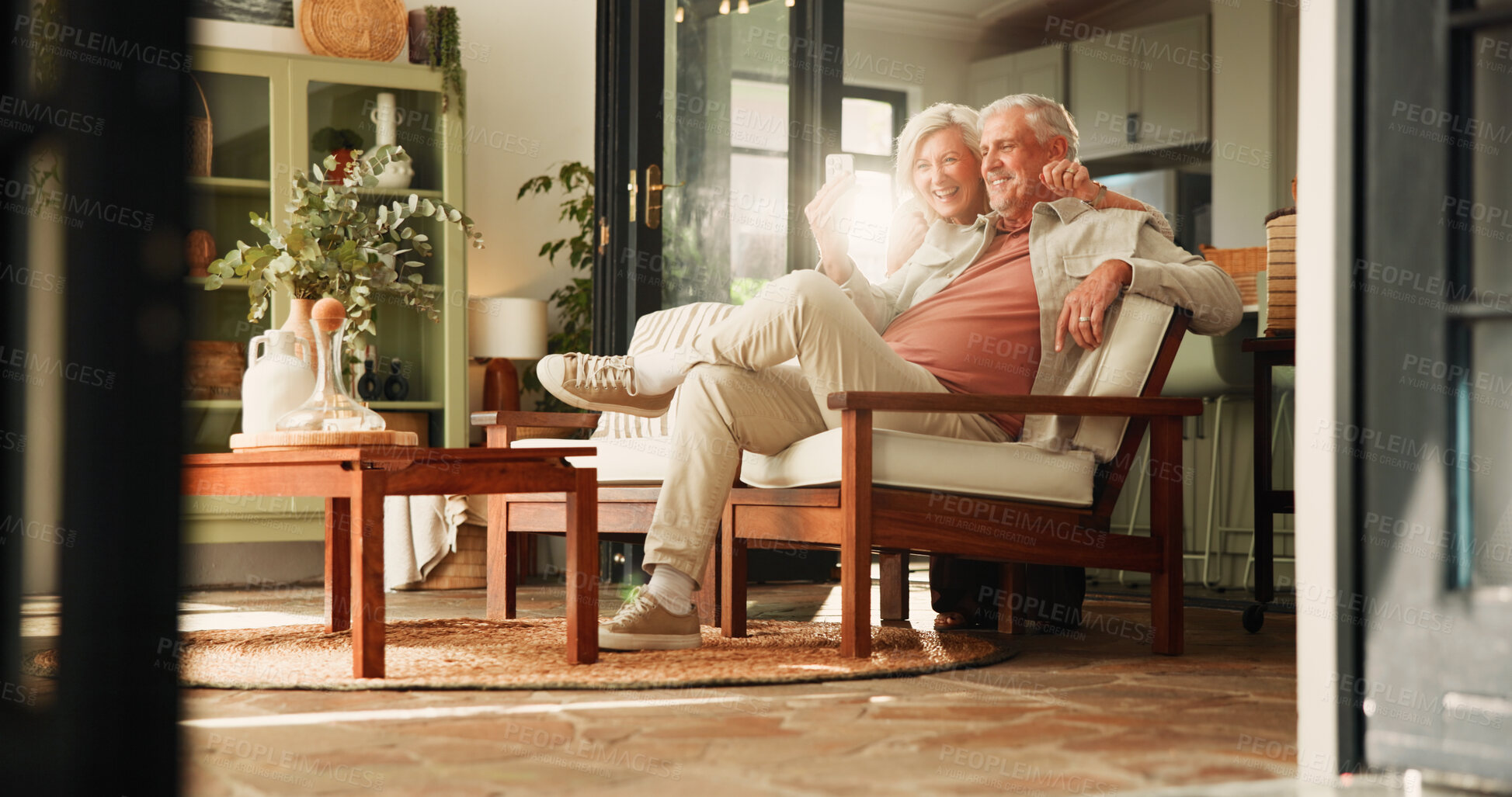 Buy stock photo Relax, selfie and smile with old couple in living room of home together for break or wellness. App, memories and photograph with happy senior people in apartment for bonding, me time or retirement
