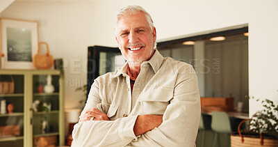 Buy stock photo Arms crossed, smile and portrait of old man in home for retirement, peace and confidence. Happiness, calm and weekend break with senior person in living room of apartment for positive attitude