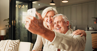 Buy stock photo Relax, selfie and smile with old couple in living room of home together for break or wellness. App, photograph and social media with happy senior people in apartment for me time or retirement picture