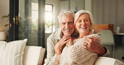 Buy stock photo Hug, portrait and smile with old couple in home living room together for break or wellness. Bonding, relax and security with happy senior people embracing in apartment for marriage or retirement