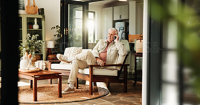 Buy stock photo Elderly man, relax and phone call in home for communication, story update or chat in retirement. Mobile, smile and senior person in living room for connection, news or talking with contact on sofa