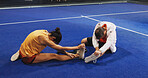 Stretching, athletes and people on turf, padel and getting ready with flexibility, fitness or active. Court, warm up and exercise preparation with coach, tennis player and wellness on floor and sport