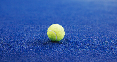 Buy stock photo Tennis, sports and ball on floor in court to start training, practice and workout for competition. Fitness space, padel club and closeup of equipment for exercise for game, challenge and tournament