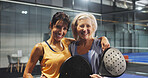 Padel, sports and portrait of women on court for game, match and training for challenge. Indoor, happy and mature people with racket for workout, exercise and fitness for tennis, practice and hobby