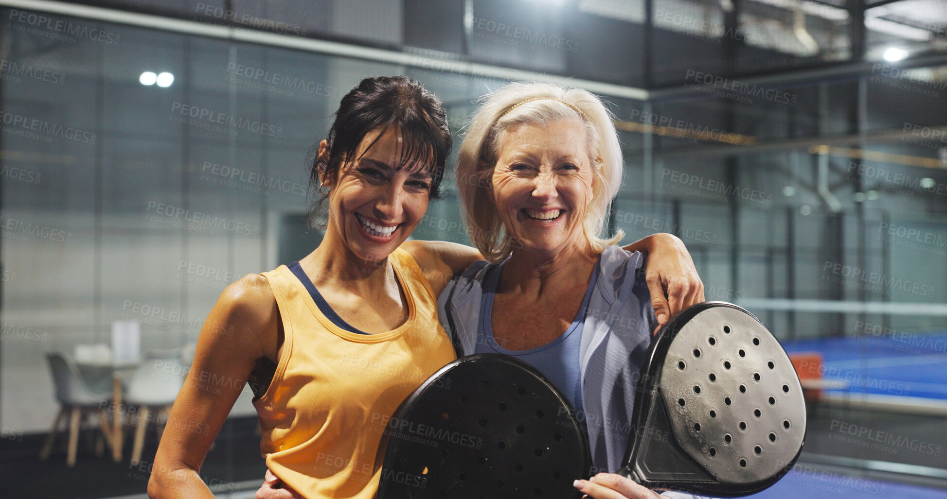 Buy stock photo Padel, sports and portrait of women on court for game, match and training for challenge. Indoor, happy and mature people with racket for workout, exercise and fitness for tennis, practice and hobby