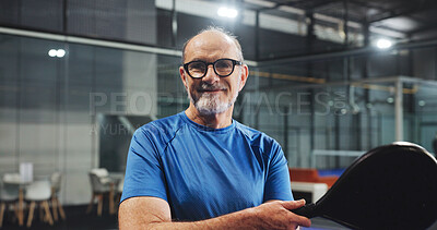 Buy stock photo Padel, sports and portrait of mature man for game, match and training for challenge. Indoor court, happy and person with racket for workout, exercise and fitness for tennis, practice and hobby