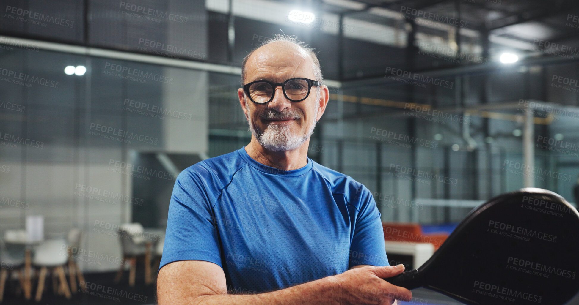 Buy stock photo Padel, sports and portrait of mature man for game, match and training for challenge. Indoor court, happy and person with racket for workout, exercise and fitness for tennis, practice and hobby