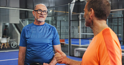 Buy stock photo Padel, coach and men on court, talking and planning for match, fitness and strategy for competition. Tennis player, mature people and preparing for game with instructor, team and discussion for sport