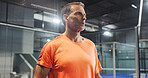 Padel, mature man and thinking on court for match practice, sport training and contemplating game. Tennis player, person and reflection at indoor fitness club for tournament exercise and challenge