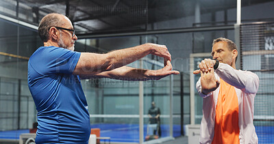 Buy stock photo Padel, fitness and men on court stretching to prepare for game, match and competition. Indoor, sports and mature people warm up for exercise, workout and training for practice, health and tennis