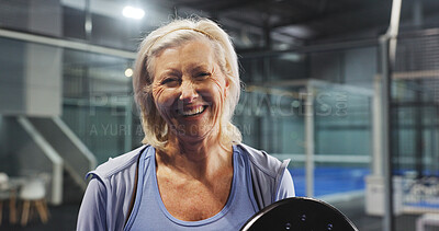 Buy stock photo Padel, sports and portrait of senior woman on court for game, match and training for challenge. Indoor, smile and person with racket for workout, exercise and fitness for tennis, practice and hobby