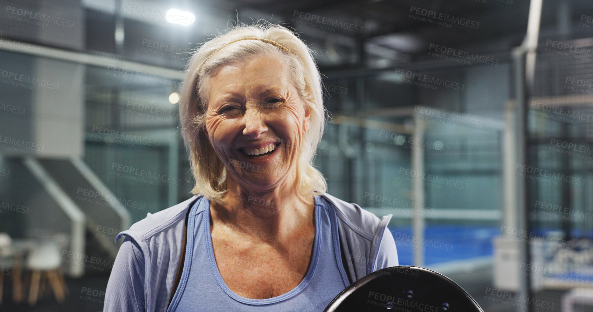 Buy stock photo Padel, sports and portrait of senior woman on court for game, match and training for challenge. Indoor, smile and person with racket for workout, exercise and fitness for tennis, practice and hobby