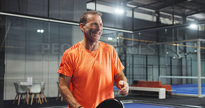Buy stock photo Laugh, sports and mature man for padel game, tournament and competition on indoor court. Tennis, happy athlete and person with racket for training, exercise and workout for challenge and fitness
