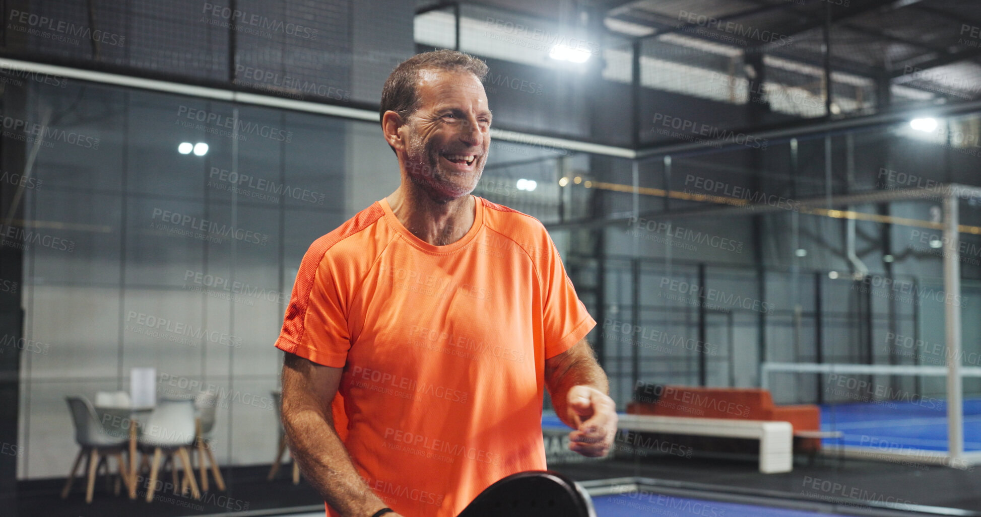 Buy stock photo Laugh, sports and mature man for padel game, tournament and competition on indoor court. Tennis, happy athlete and person with racket for training, exercise and workout for challenge and fitness