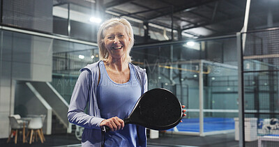 Buy stock photo Padel, sports and portrait of mature woman on court for game, match and training for challenge. Indoor, smile and person with racket for workout, exercise and fitness for tennis, practice and hobby